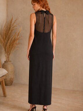 Algo Boutique Black Maxi Prom Dress | Sheer Back | Sleeveless Formal Dress